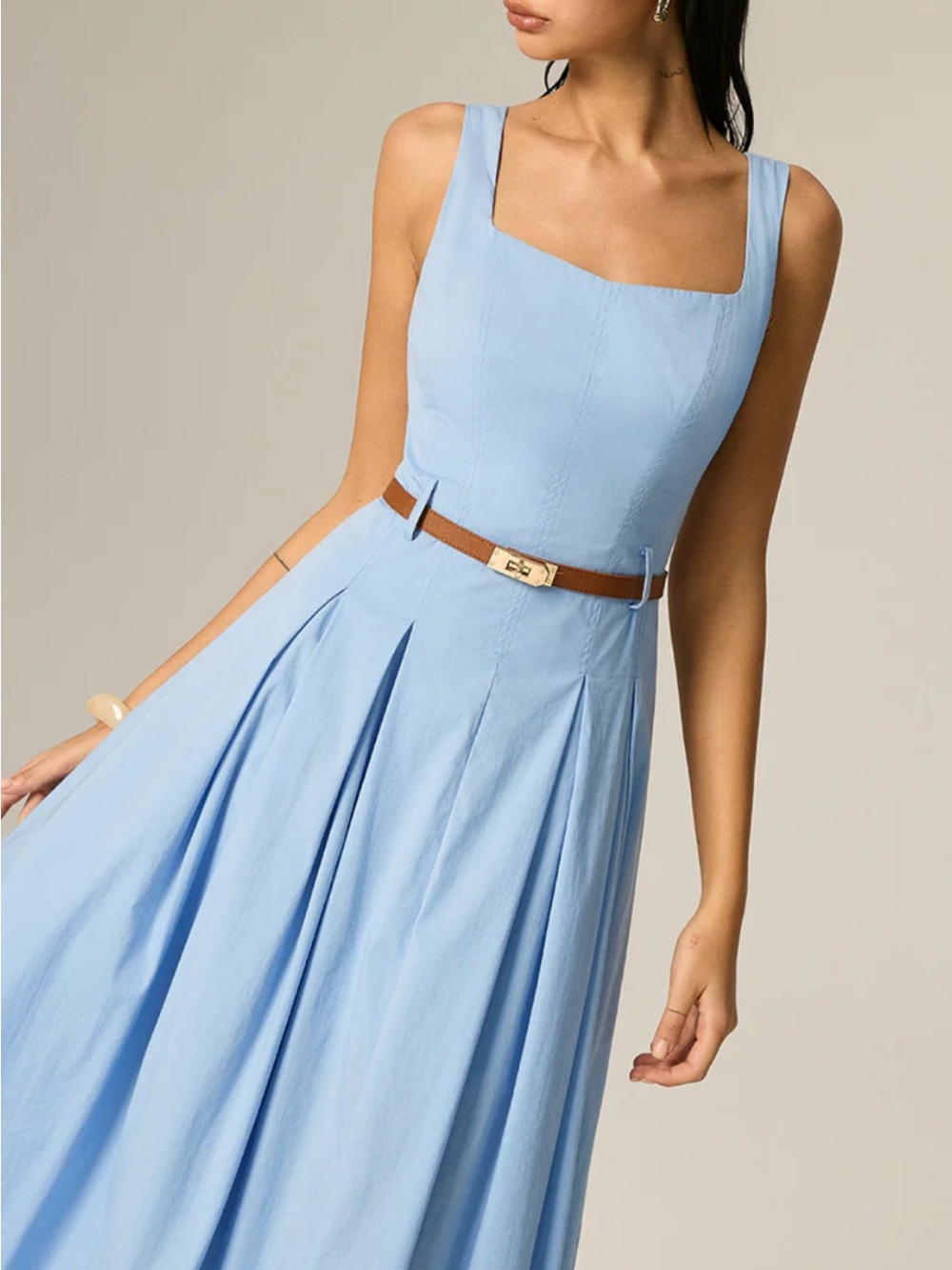 Commense Light Blue Square-Neck Maxi Dress with Slim Tan Belt